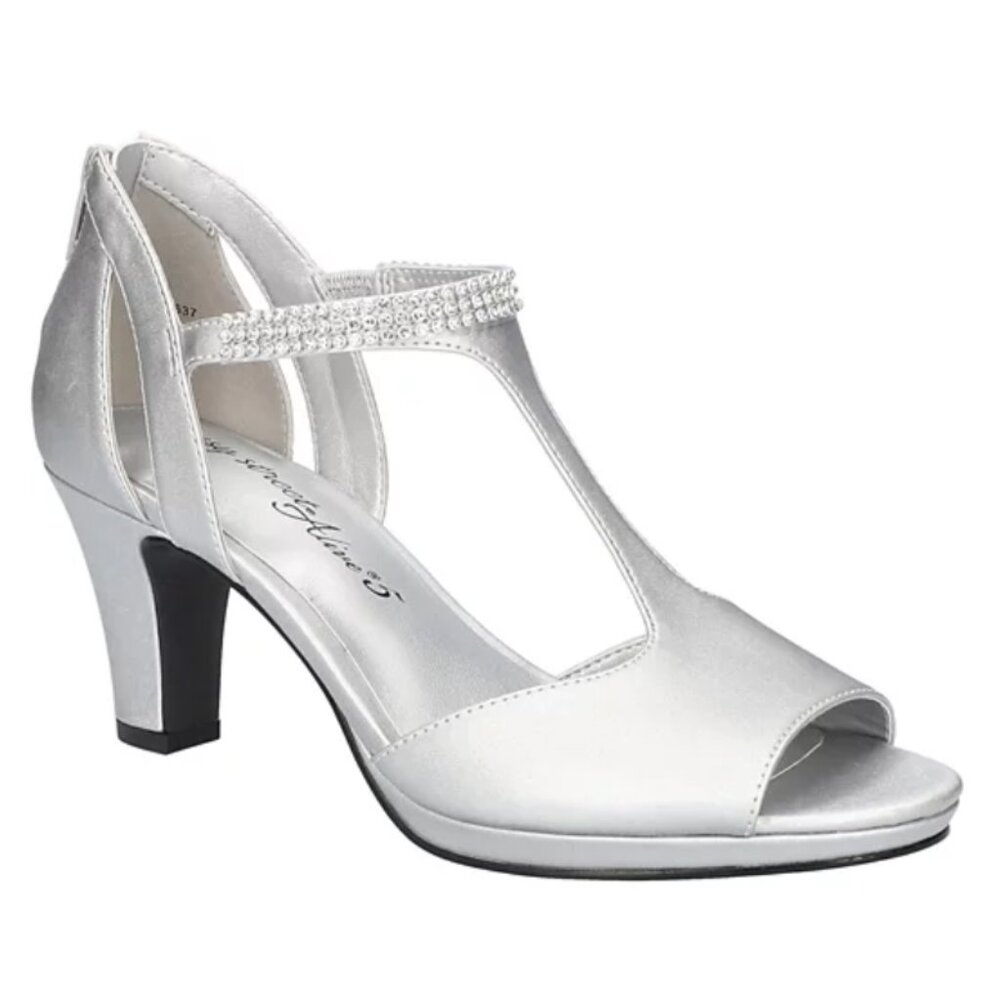 easy street Silver T-Strap Dress Heels with Rhinestone Accent